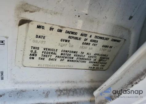 2008 Chevrolet Aveo Base z USA, uszkodzony, nr VIN KL1TD66678B083353